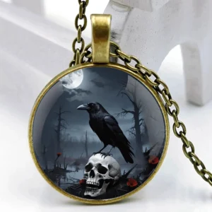 Fashion Accessory Halloween Gift Skull Crow Glass Dome Pendant Necklaces Women